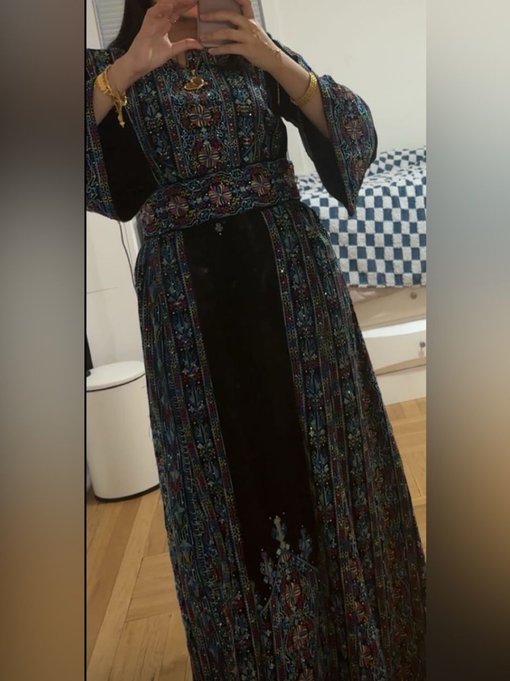 Embroidered Black Velvet Maxi Dress with Multicolor Pattern